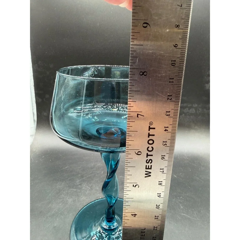Vintage Teal Blue Twisted Stem Glass Coupe Champagne Cocktail Mid Century Modern